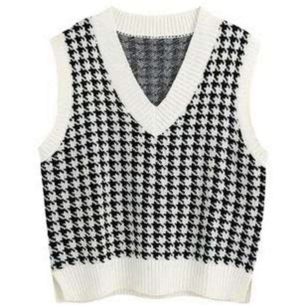 Loose Knitted Vest Sweater Women Sleeveless Thick Vintage Sweater Vest Female Waistcoat Chic Tops  Houndstooth Women Clothing