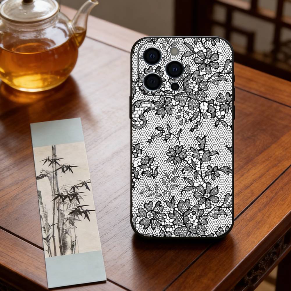 Black Lace Print Phone Case For iPhone 17, 16,15,14,13,12,11 Plus,Pro Max, Others Soft Black Cover
