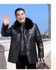Men's Winter Leather Jacket with Fur Collar: Fleece-Lined, Thick Overcoat for Ages 50-60, Button-Up Style for Warmth.