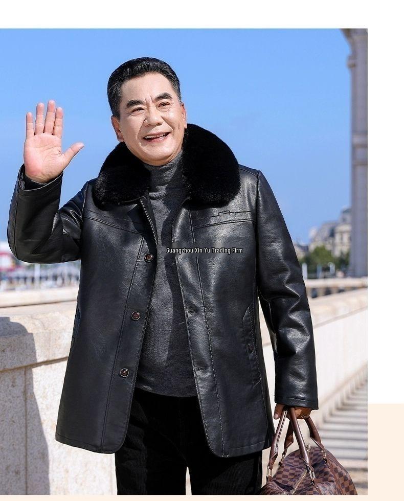 Men's Winter Leather Jacket with Fur Collar: Fleece-Lined, Thick Overcoat for Ages 50-60, Button-Up Style for Warmth.