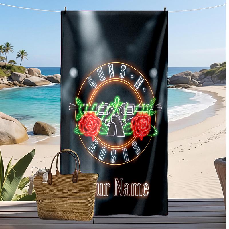 Asciugamano da Spiaggia Personalizzato Guns N’ Roses, Stampa il Tuo Nome Testo Asciugamano Leggero Assorbente per Nuoto Viaggio