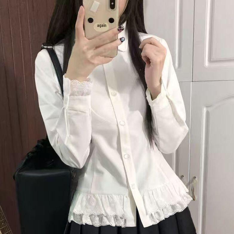 Women's Spring College Style Lace Trim Two-Piece Set: Slim Waist-Cinched Long-Sleeve Shirt & Pleated Skirt