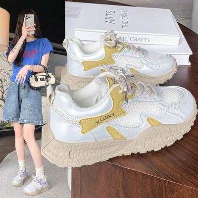 Sports Style Mesh Color Matching Dad Shoes Women's New Lace-up Rubber Sole Running Shoes College Style Casual Shoes