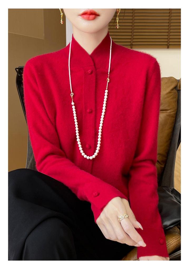 2024 Women's Stand Collar Wool Knit Qipao Cardigan - Casual Versatile Solid Color Sweater for Autumn/Winter