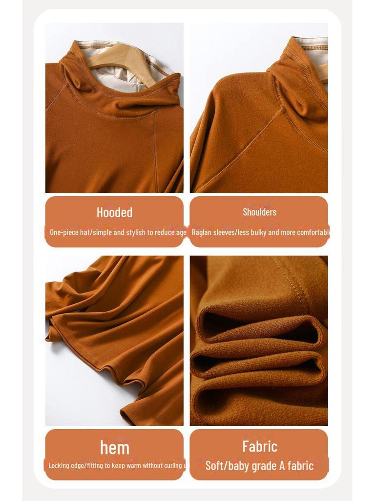 Women's Warm Ginger Velvet Hoodie: Versatile Spring/Autumn Solid Color Top
