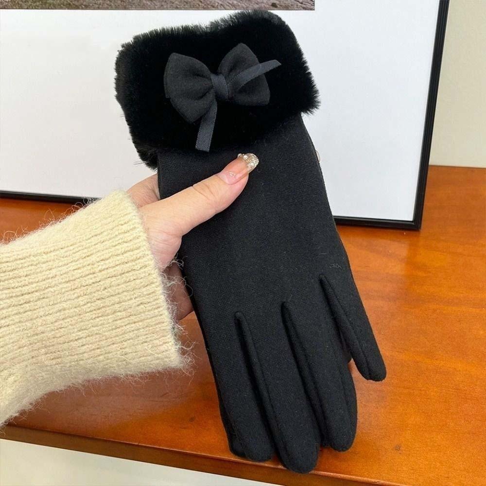 Plush Women Anti-cold Gloves Bow Windproof Finger Mittens For Gift Thickened Suede Gloves  Winter