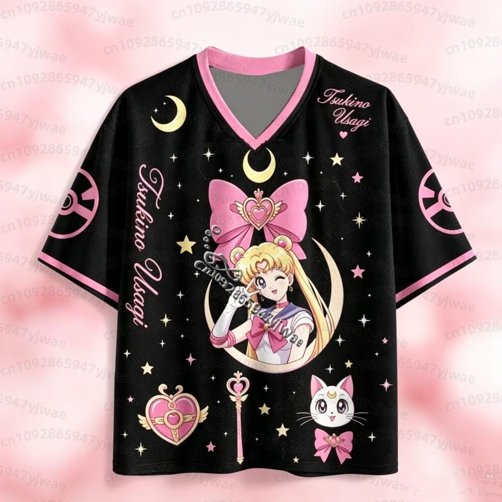 26 Camiseta de Malla Anime Sailor Moon Estampado Tsukino Usagi Cuello en V Manga Corta Camiseta para Mujer Hombre Ropa Urbana Harajuku Camiseta para Hombre