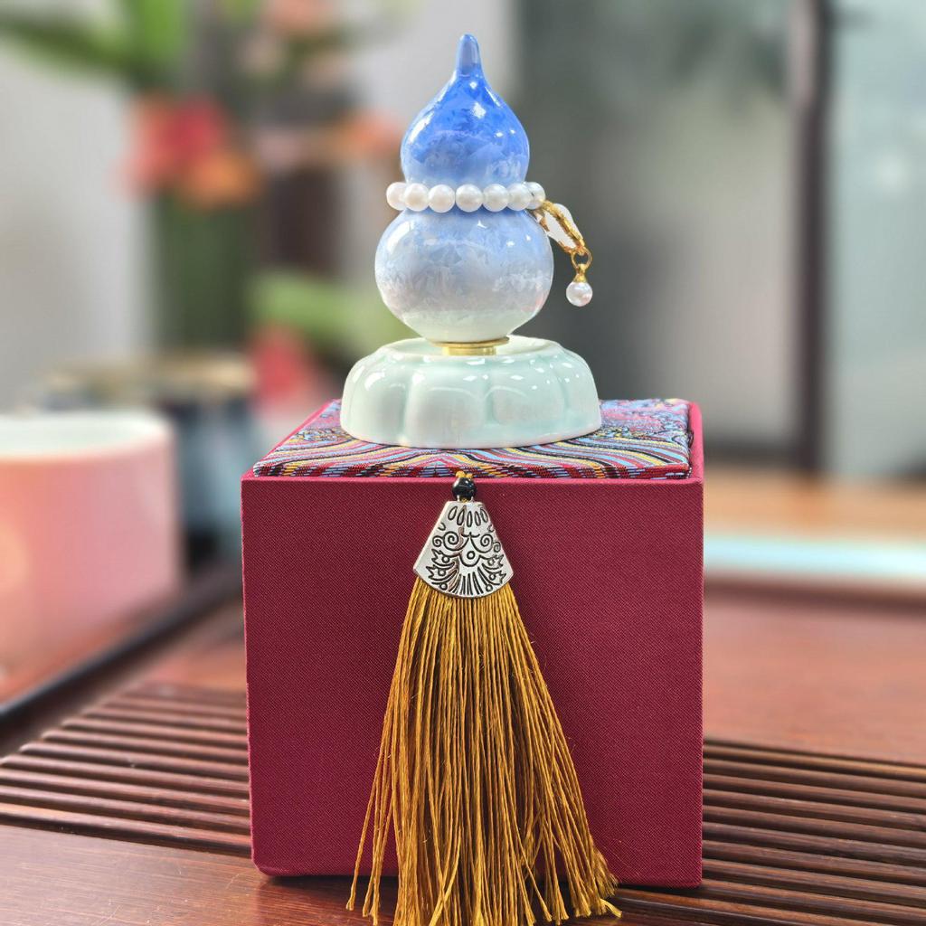 Pearlescent Iridescent Double Fortune & Longevity Gourd Ornament with Blue Porcelain Base - Hand-painted Gradient for Birthday or Housewarming Gift