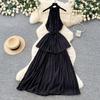 Pure Desire Style Red Neck Strap Pleated Dress Women's Summer Waist Thin Cake Skirt Vacation Style Long Dress