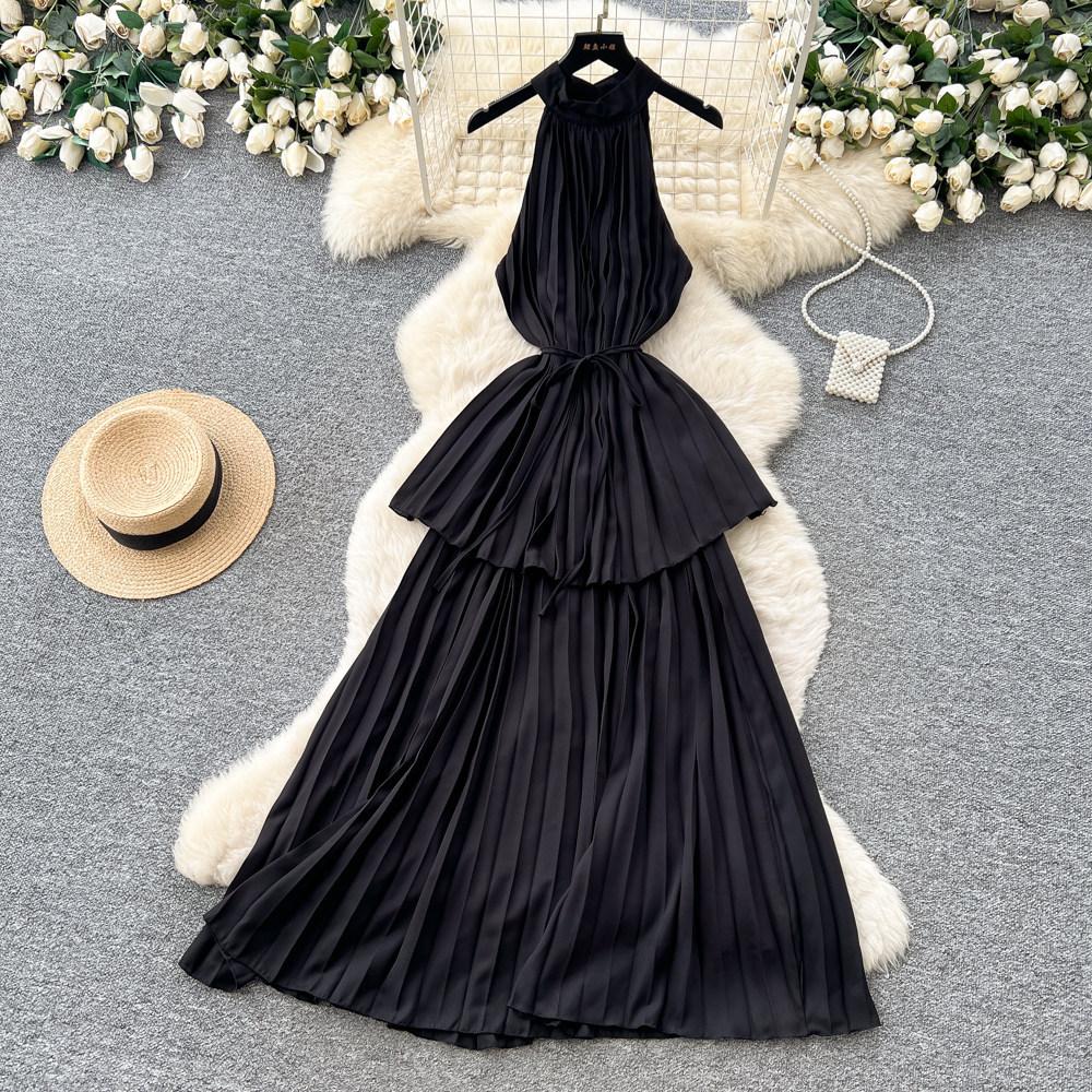 Pure Desire Style Red Neck Strap Pleated Dress Women's Summer Waist Thin Cake Skirt Vacation Style Long Dress