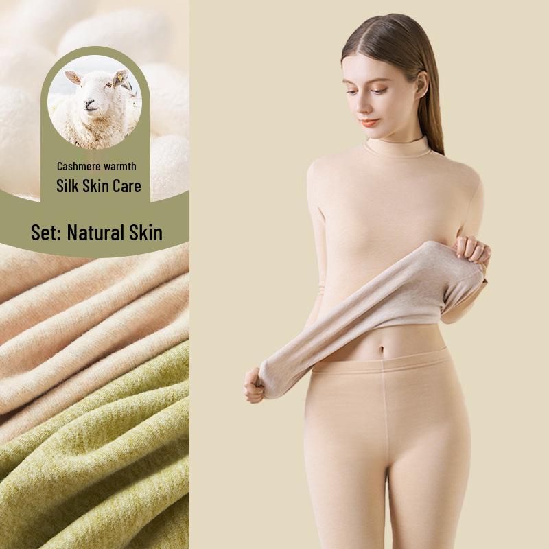 Women's Cashmere Silk Thermal Underwear Set: Seamless Autumn/Winter Top and Bottoms with Thickened Velvet