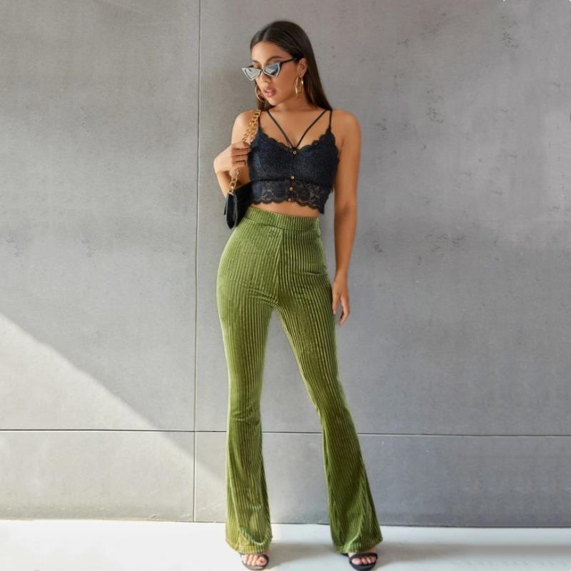 Pantaloni evazați de damă, modă nouă, sexy, culoare pură, talie înaltă, catifea aurie cu dungi fine