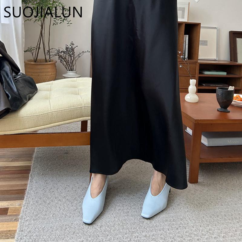 Fashion SUOJIALUN Autumn Women Pumps Shoes Fashion Shallow Slip On Ladies Eelgant Single Shoes Square High Heel Outdoor Dress Pumps