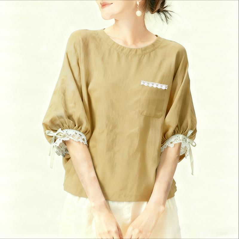 ZANZEA Women Casual Round Neck Lace Splice 3/4 Sleeve Blouse