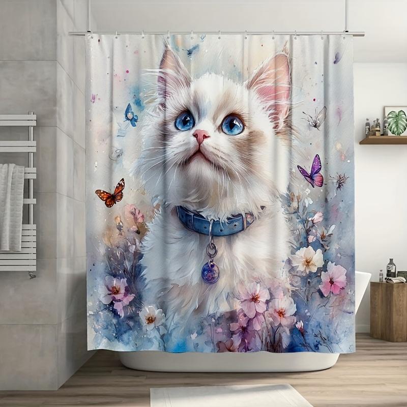 

1Pc Shower Curtain - White Ragdoll Cat, Floral & Butterfly Design, 71X71 Inch, Polyester, 12 Hooks, Hand Wash, Summer Decor W60H190(CM)-1 Pcs