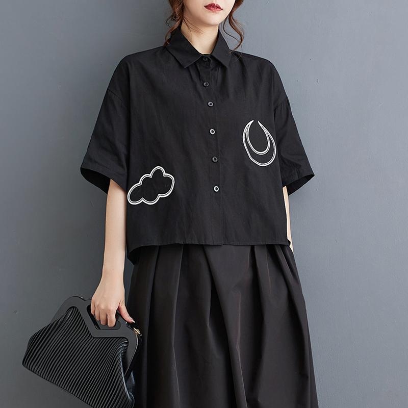 

DIMANAF 2025 Большие размеры Новая весна-лето Блузка с коротким рукавом Повседневная рубашка Женские свободные топы Рубашки Хлопок One Size чёрный