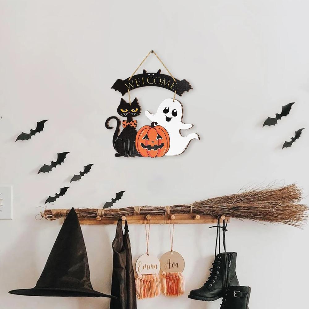 High Quality Halloween Decorative Wooden Sign with Black Cat, Pumpkin and Ghost -"Welcome" Design for Door Hanging for Halloween
