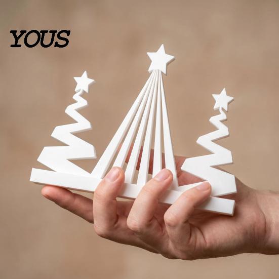Small White Holiday Tree 3D Printed Abstract Christmas Figurine, Modern Minimalist Xmas Table Decor with Star Topper for Home, Office, Party