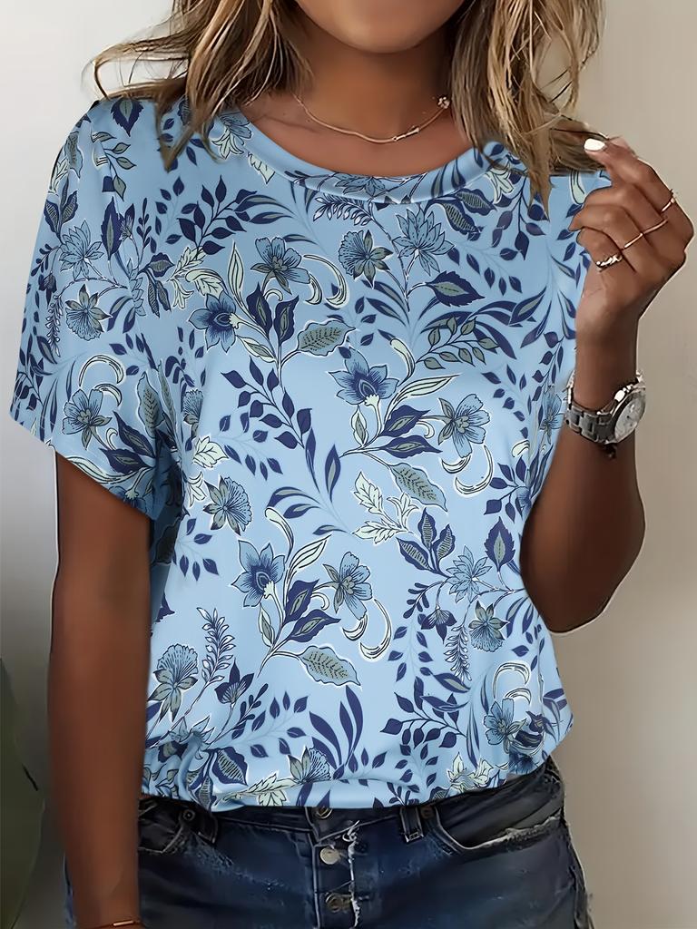 Women's T-shirt Summer Casual Round Neck Short Sleeve 3D Print Floral Pattern Top Loose Casual Wear Ladies T-shirt