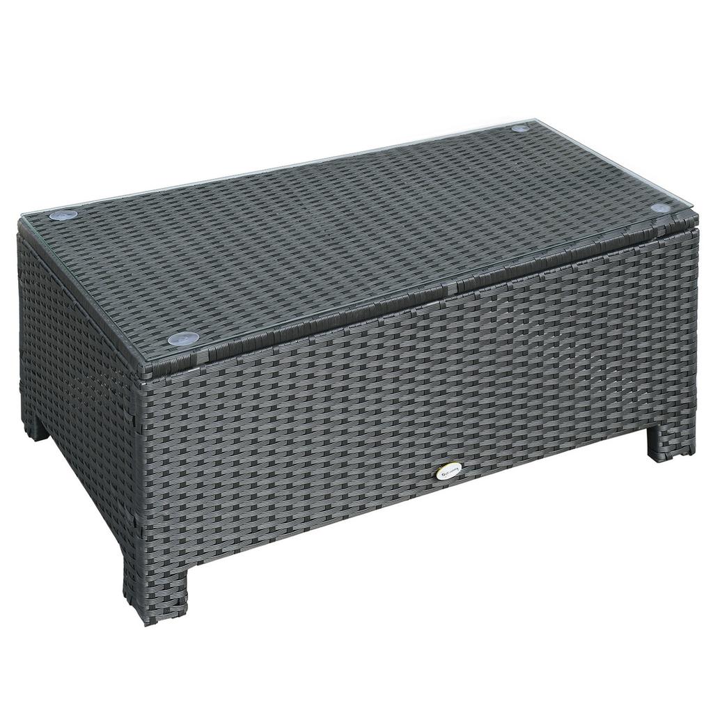PE Rattan Coffee Table, Rectangular Outdoor Coffee Table with Tempered Glass Top, 70 KG Capacity for Garden, Balcony, Terrace, Patio, Black