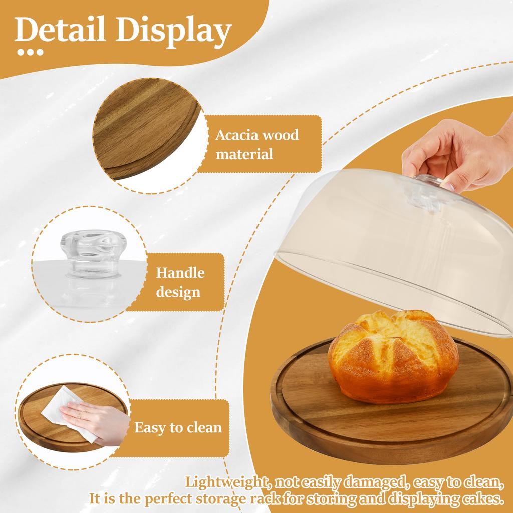 Wooden Cake Stand Round Wood Cake Plate with Acrylic Lids Decorative Cake Holder Multi-functional Dessert Platter for Birthdays