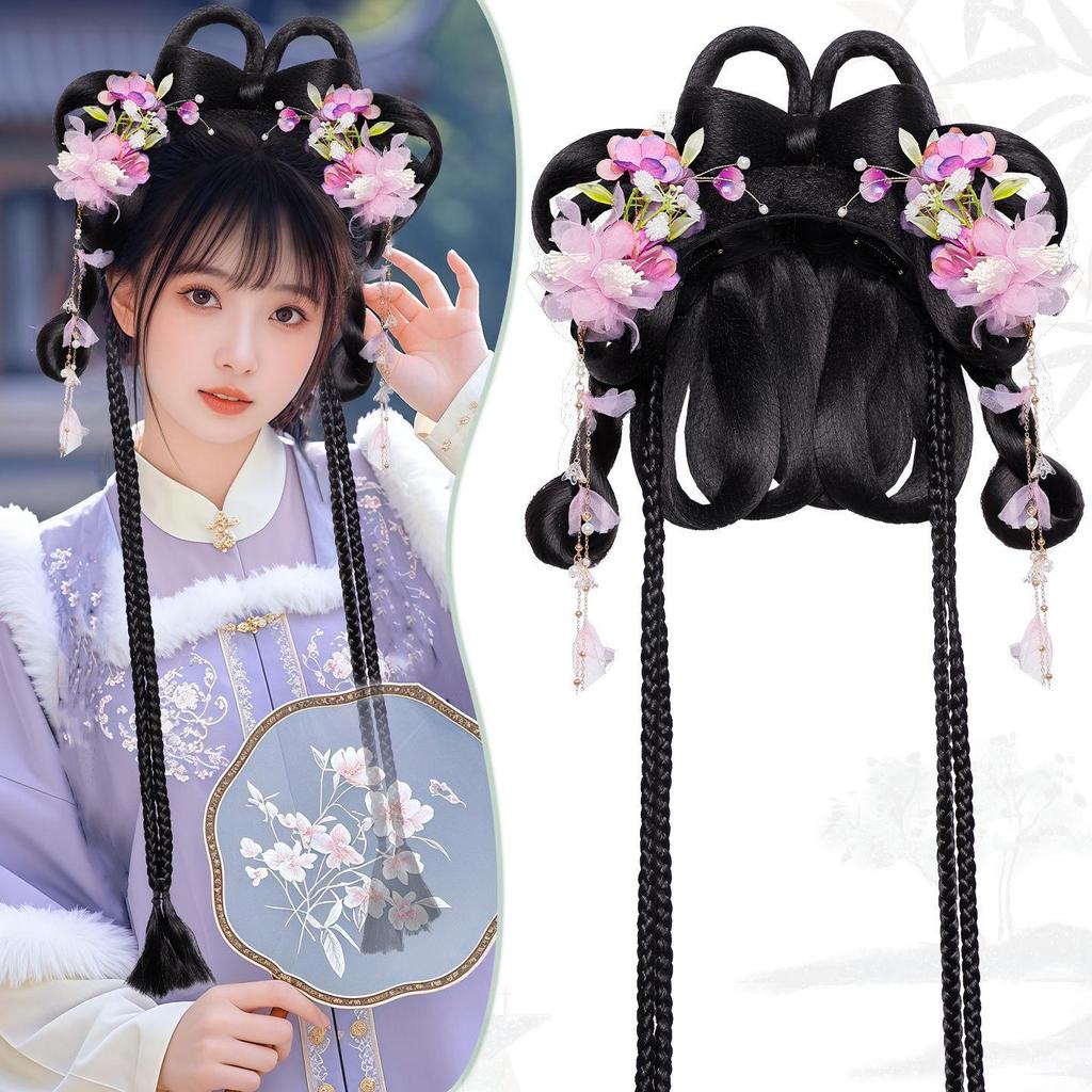 Herbst/Winter Hanfu Perücke und Pompon Stirnband Haaraccessoires Set