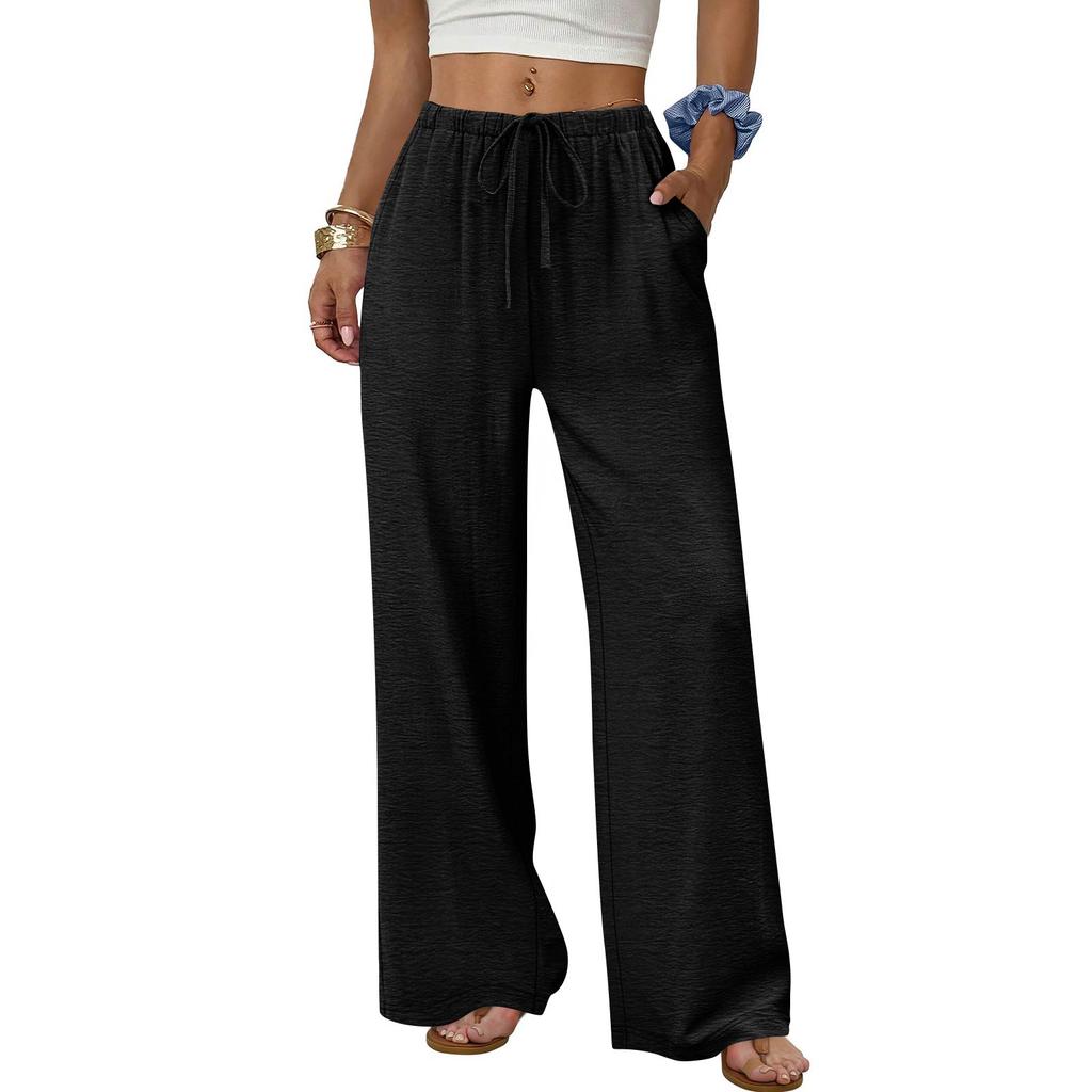 Women's Fashion Wide-Leg Trousers With Drawstring Elastic Waistband And Pockets Relaxed-Fit Casual Trousers