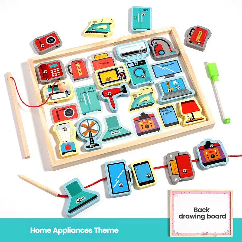 Montessori Tre Magnetisk Fiskespillsett 2 i 1 Tegnebrett Tre Perlespill Barn Finmotorikk Pedagogisk Puslespill Leker