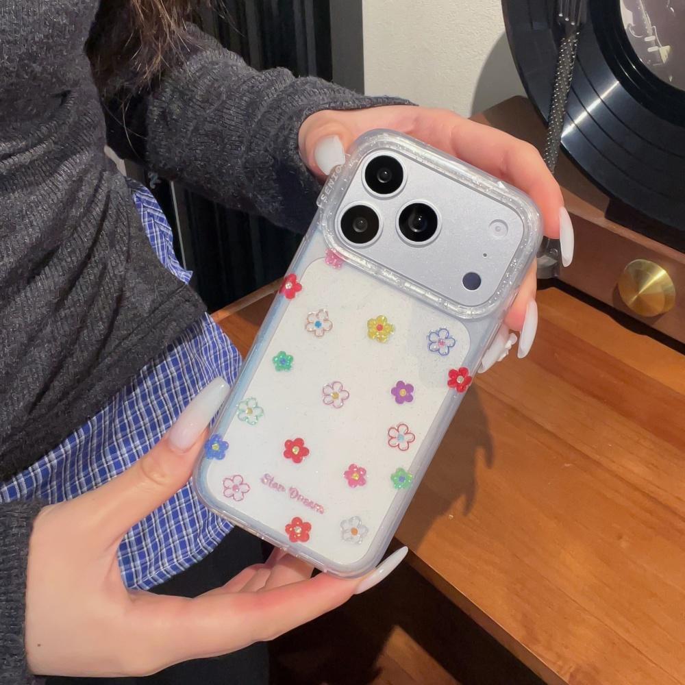 Korean ins style niche spring color flowers are suitable for Apple 17ProMax mobile phone case iphone15 new 16pro girl 17pro transparent fine flash