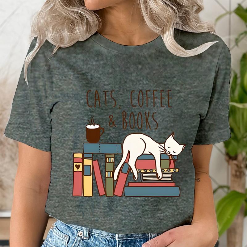 Cats Coffee Books Women Cute Bookworm TShirts Funny Book Lover T Shirt Vintage Reading Graphic Tees Female Bookish Tops Tshirt