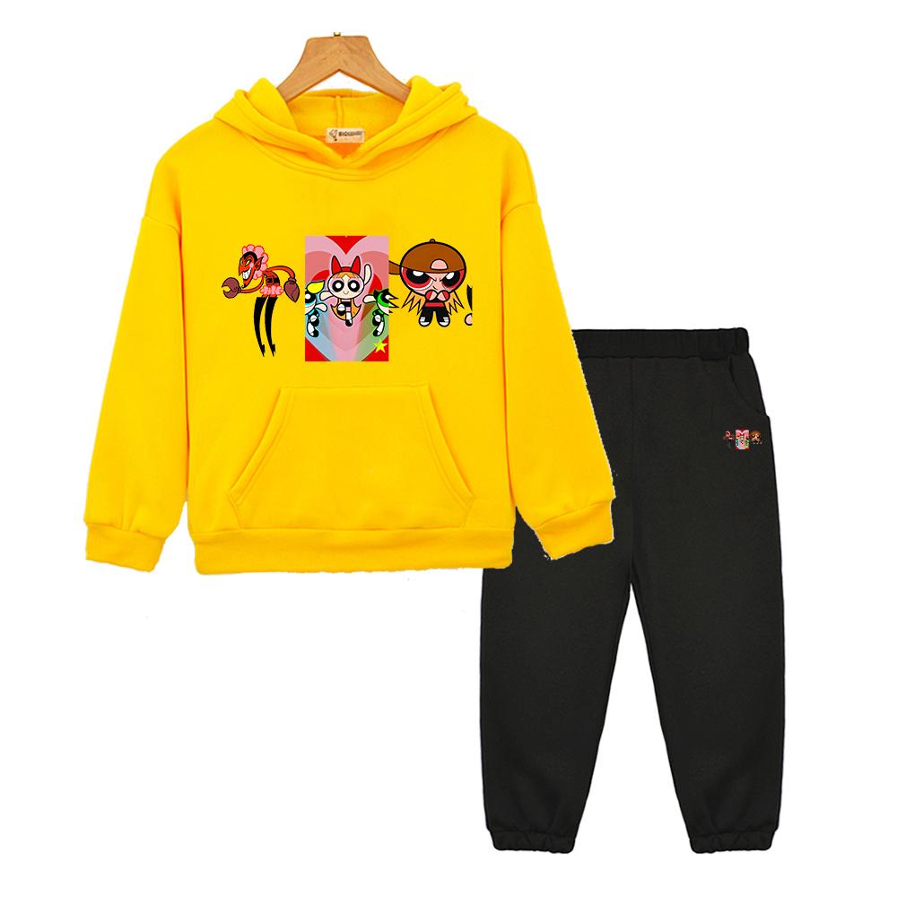 children clothes powerpuff girls anime hoodie Fleece sweatshirt 2pcs pullover+pants Sport Hooded Sets girl outfit boy clothing