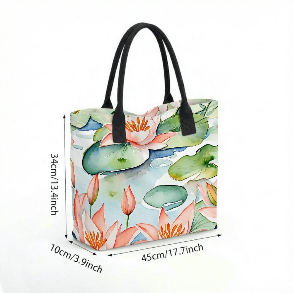  Water Lily Print Tote Bag Aesthetic Casual Large Capacity Shoulder Handbag for Daily Use