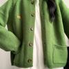Green Embroidered Knitted Cardigan Women's Solid Color Retro Outerwear Ladies Sweater Coat Autumn Loose Versatile Top