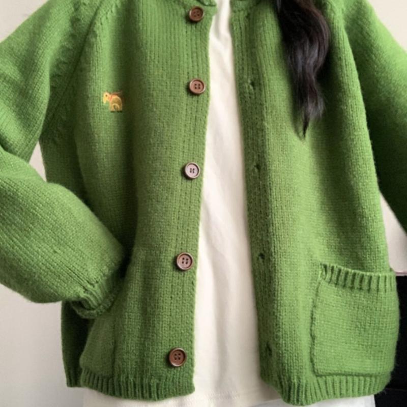 Green Embroidered Knitted Cardigan Women's Solid Color Retro Outerwear Ladies Sweater Coat Autumn Loose Versatile Top