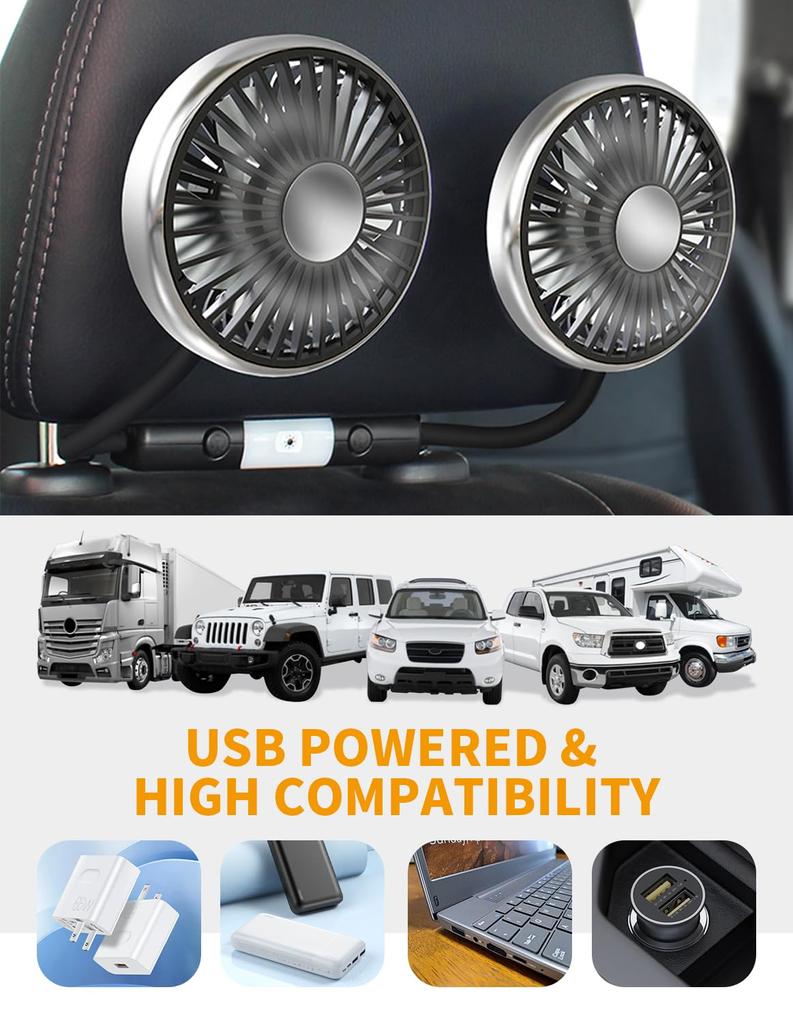 Dual Car Backseat Cooling Fans with 2 Independent Heads and Lights 3 Speeds 360° Rotatable Quiet Vehicle Fans