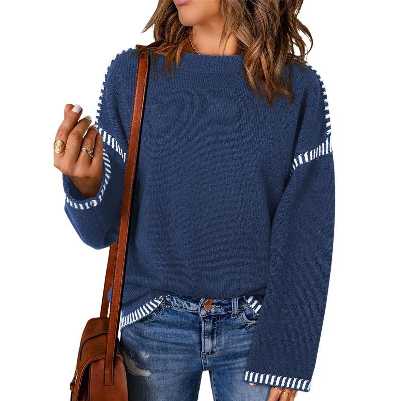 Autumn and Winter Solid Color Round Neck Loose Long Sleeved Contrasting Knitted Pullover Women's Sweaters