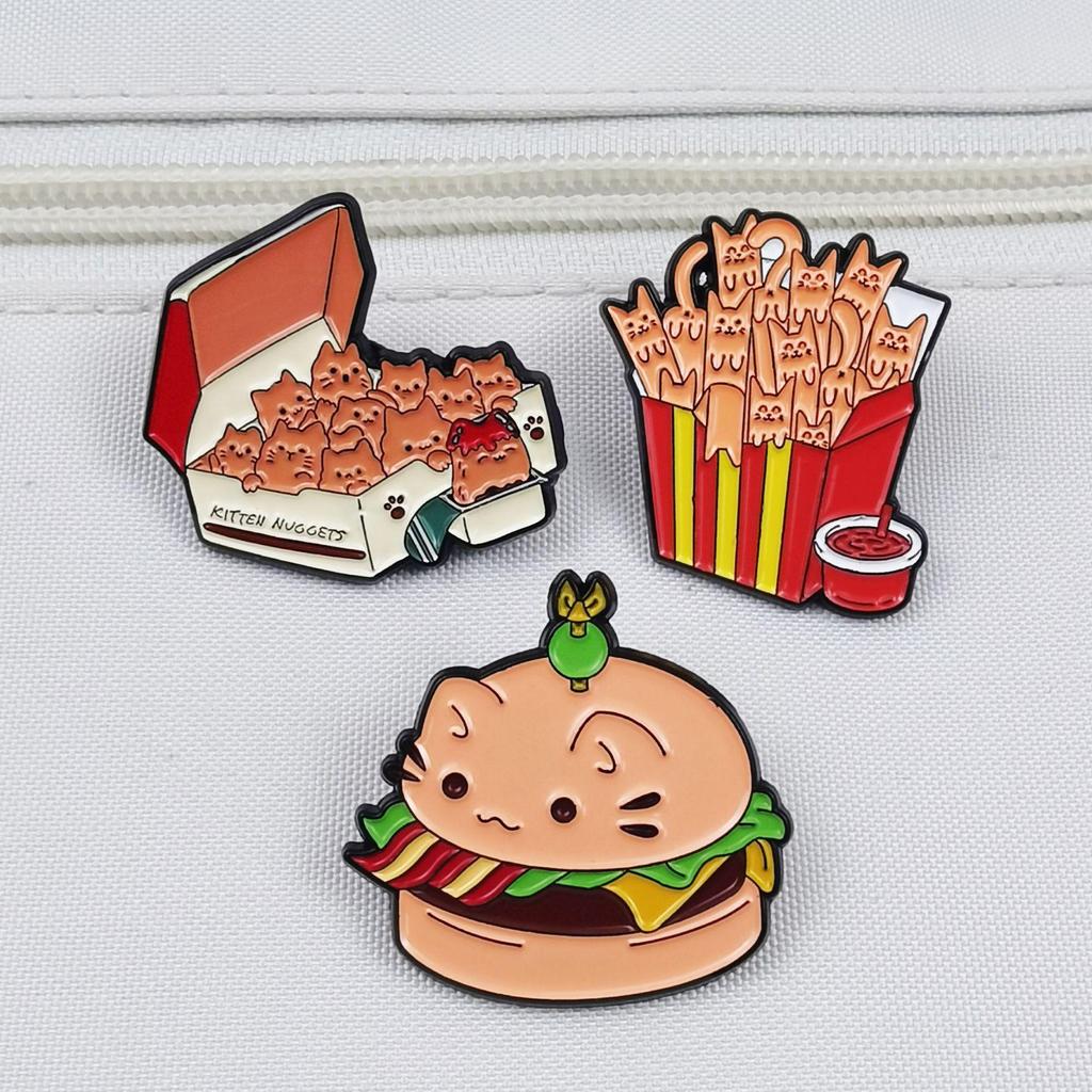 Cartoon Cat Alloy Brooch - French Fries & Chicken Nugget Shapes for Clothing, Hats, or Backpacks