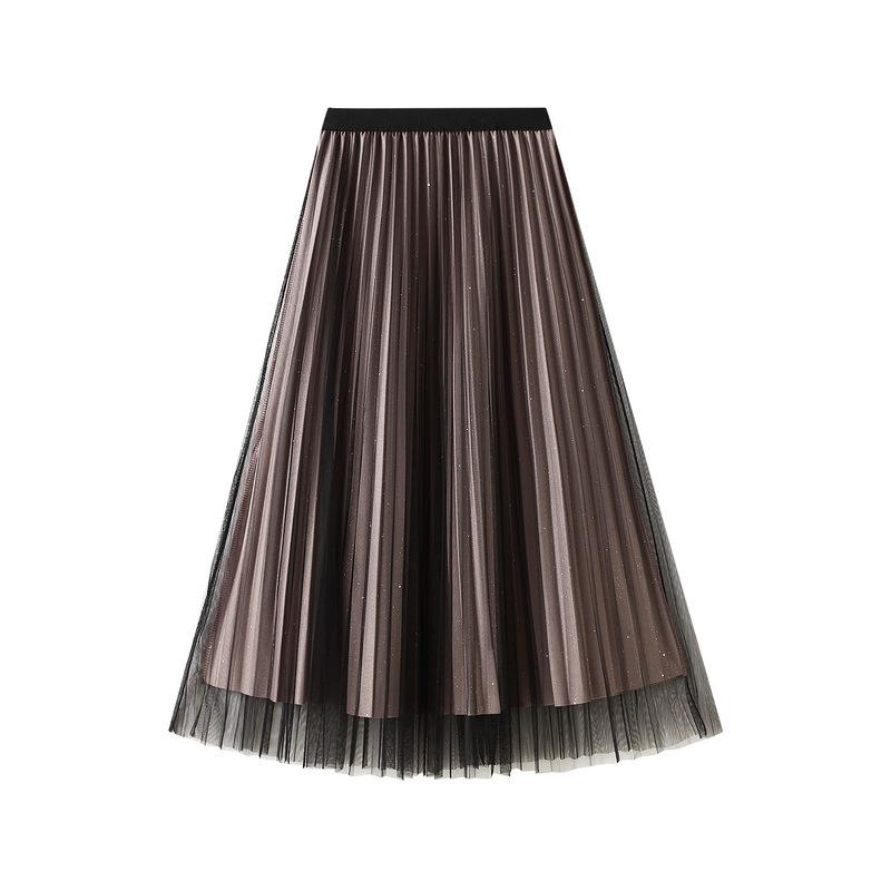 

Reversible Shiny Pleated Mesh Midi Skirt for Women One Size колір темно кави