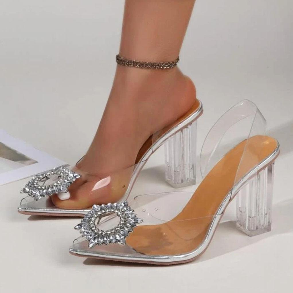 

Туфли на высоком каблуке сальса 2024 лето новинка подсолнух стразы ПВХ кристалл рыбий носок задний ремешок 35 серебряный