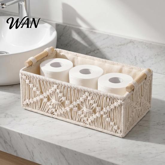 Cosmetic Storage Box with Wooden Handles Large Capacity Basket Woven Design Countertop Organizer for Cosmetics And Sundries