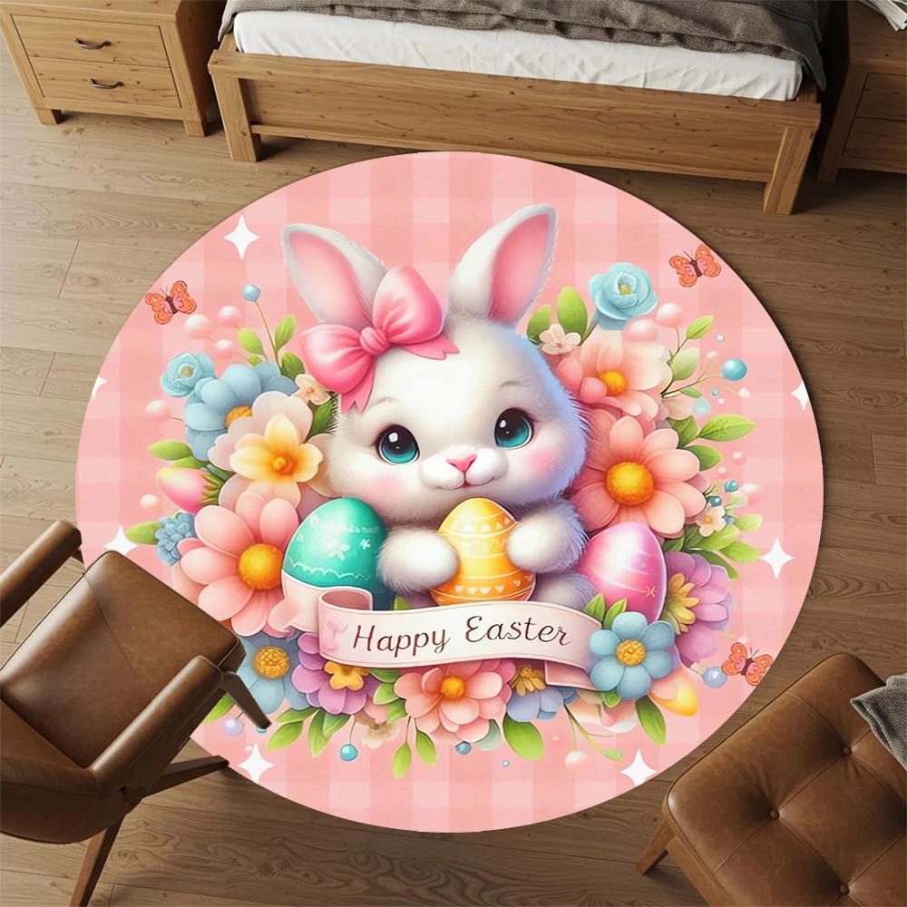 1pc Easter Bunny Round Chair mat Area Rug - Non-Slip, Floor Mat for Office, Bedroom, home decor Christmas Gift p0811043