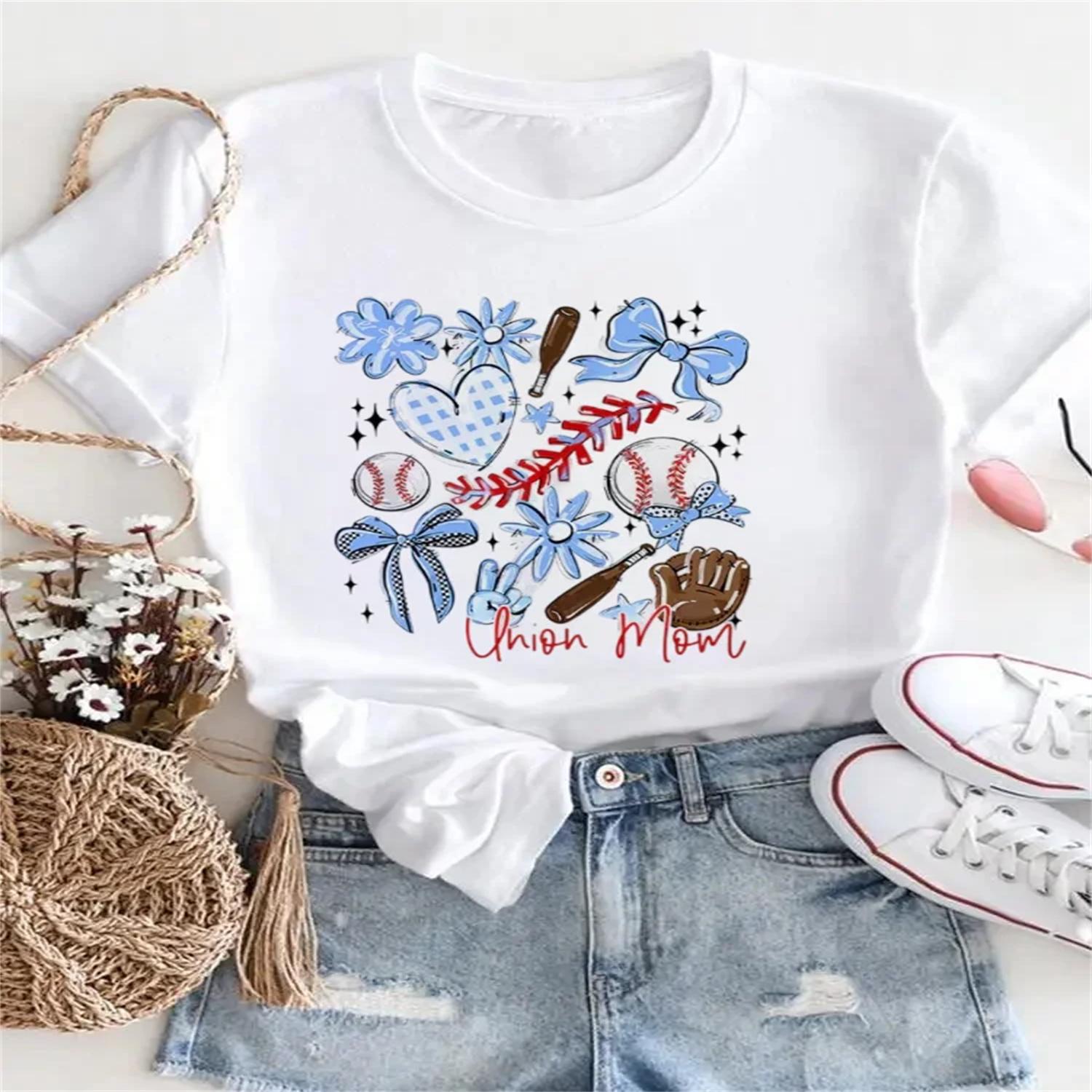 2025 New 90s Cute Sweet Casual Printed Summer Women s Fashion Top Round Neck Short Sleeve Watercolor Women s Basic T-Shirt S