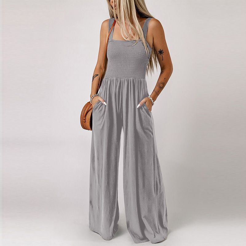 2024 Summer New Arrival Black Square Collar Smocking Jumpsuit Women European and American Leisure Slim Looking Suspenders Loose Pants Women