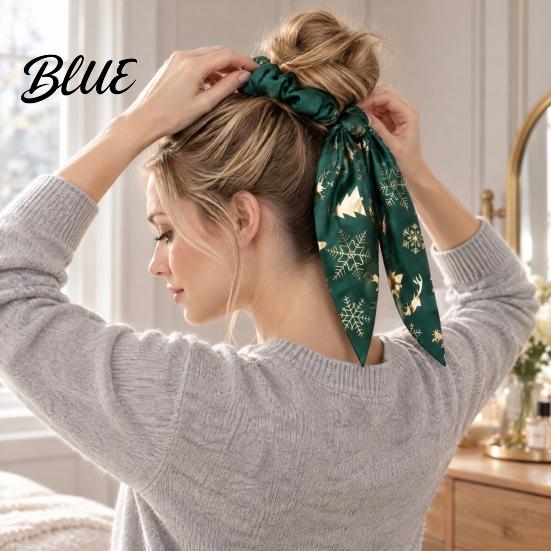 Christmas Party Hair Decorations Scrunchies with Bows Soft Satin Elastic Ties for Women Holiday Gift Accessories Snowflake Elk Tree Print