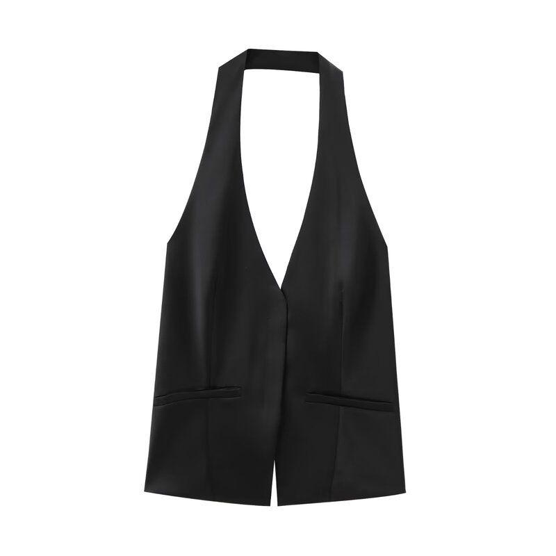 Fashion Style 2024 Autumn New Women's Clothing Open Back Hanging Collar White Sleeveless Casual Tops 4772125