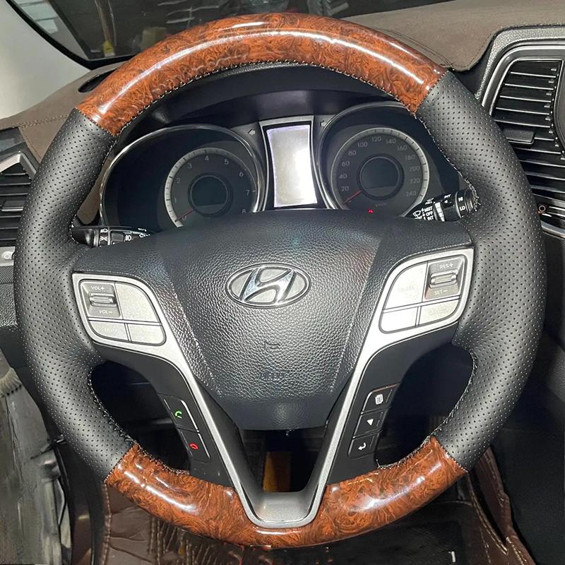 

Для Hyundai santa fe 2013-2015 ix45 ручной шов Черная Кожа текстура персикового дерева нескользящая Чехол на руль автомобиля 1