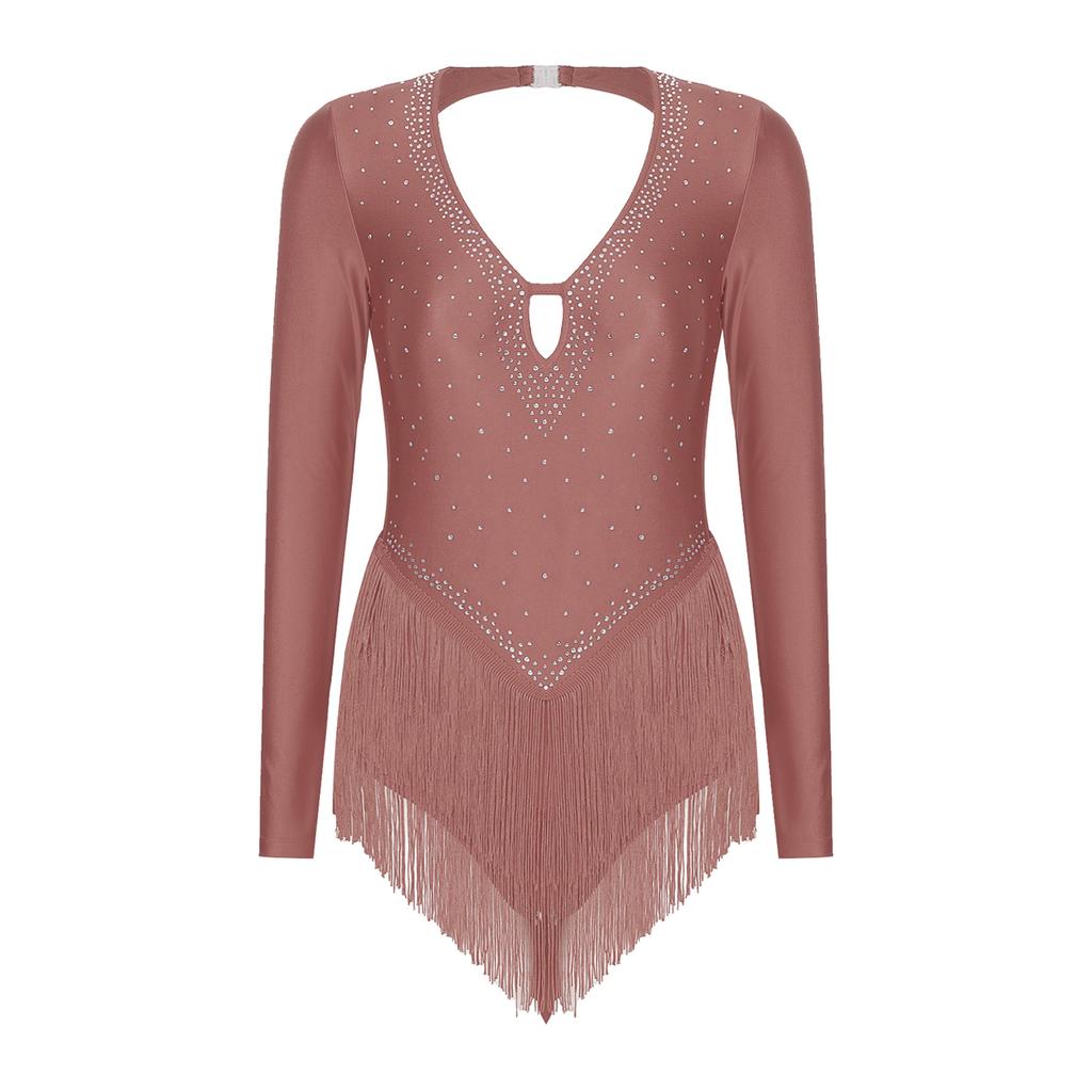 Body de Baile Latino Brillante con Pedrería para Mujer Cuello en V Profundo Manga Larga Leotardo con Flecos Espalda Descubierta Disfraz de Actuación