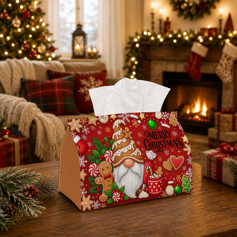 1pc Whimsical Festive Holiday Tissue Box - Xmas Napkin Dispenser, Made of Durable Polyester, Decorated with Gnome Gingerbread Man Candy, Suitable for