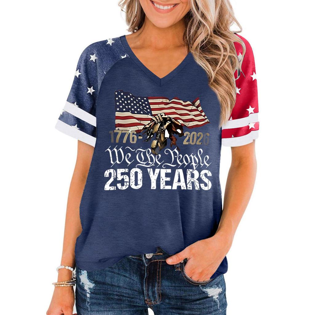 Women V Neck Short Sleeve Pullover T Shirt Casual Top with Graphic Print for Independence Day Celebration 1776 To 2026 Commemorative Design