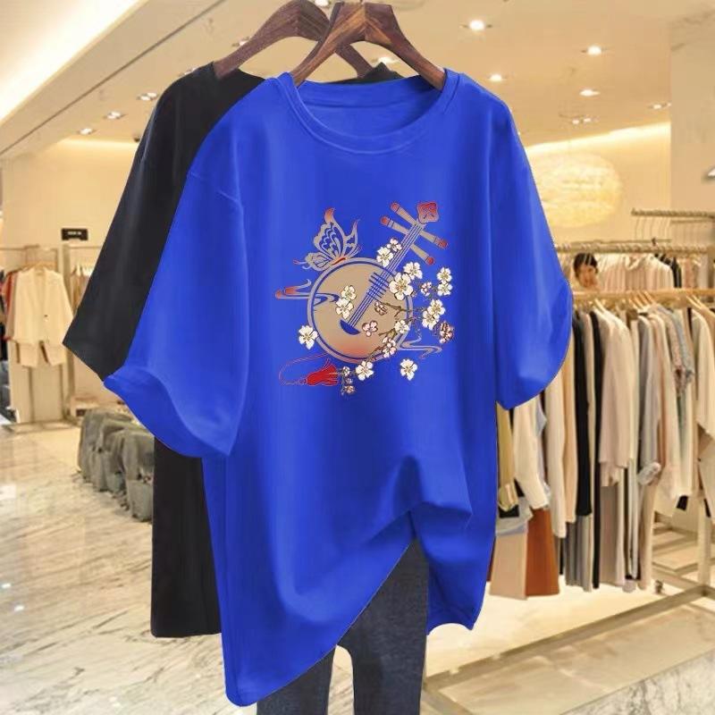 

Cotton white short-sleeved t-shirt women s medium and long summer 2025 new printed loose large size round neck half-sleeved top t XXXXL